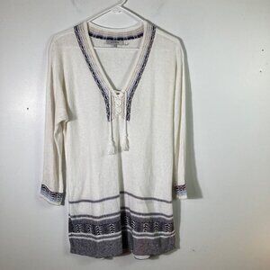 Womens Zozo Vneck Tassel ‎ Linen Blend Sweater Pullover White Blue Tan M